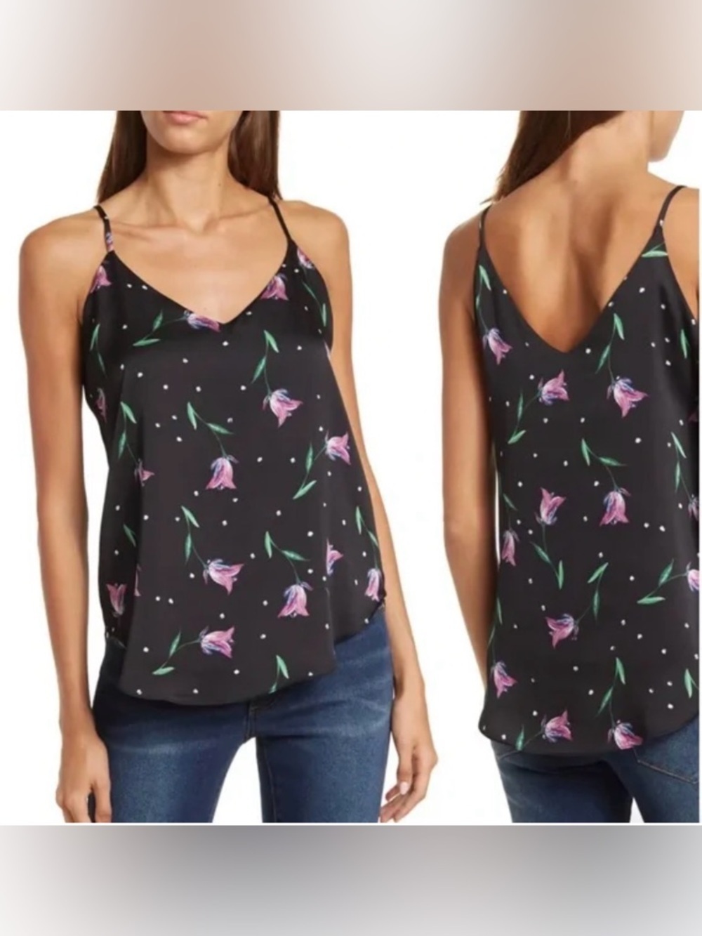 Tahari Black Cami Floral Print Spaghetti Strap V-Neck NWT S
